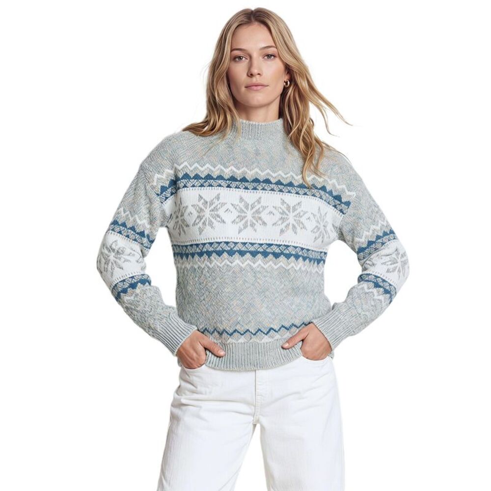 Women's Snowflake Chenille Christmas Sweater Mock Neck Loose Vintage Top Gray